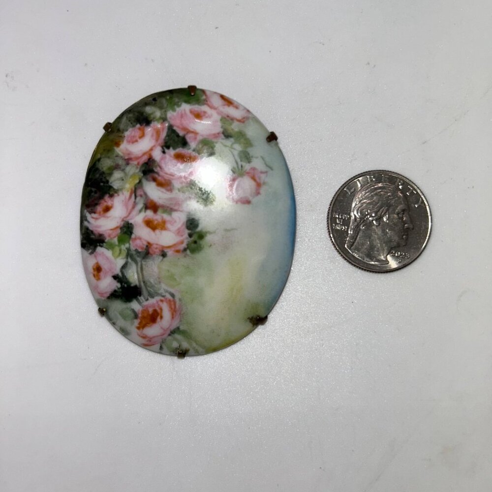 Antique Hand-Painted Porcelain Brooch With Pink Roses C-Clasp Gold-tone - Picture 6 of 16